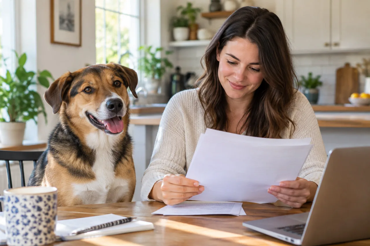 Owner reviewing papers with a dog beside the table