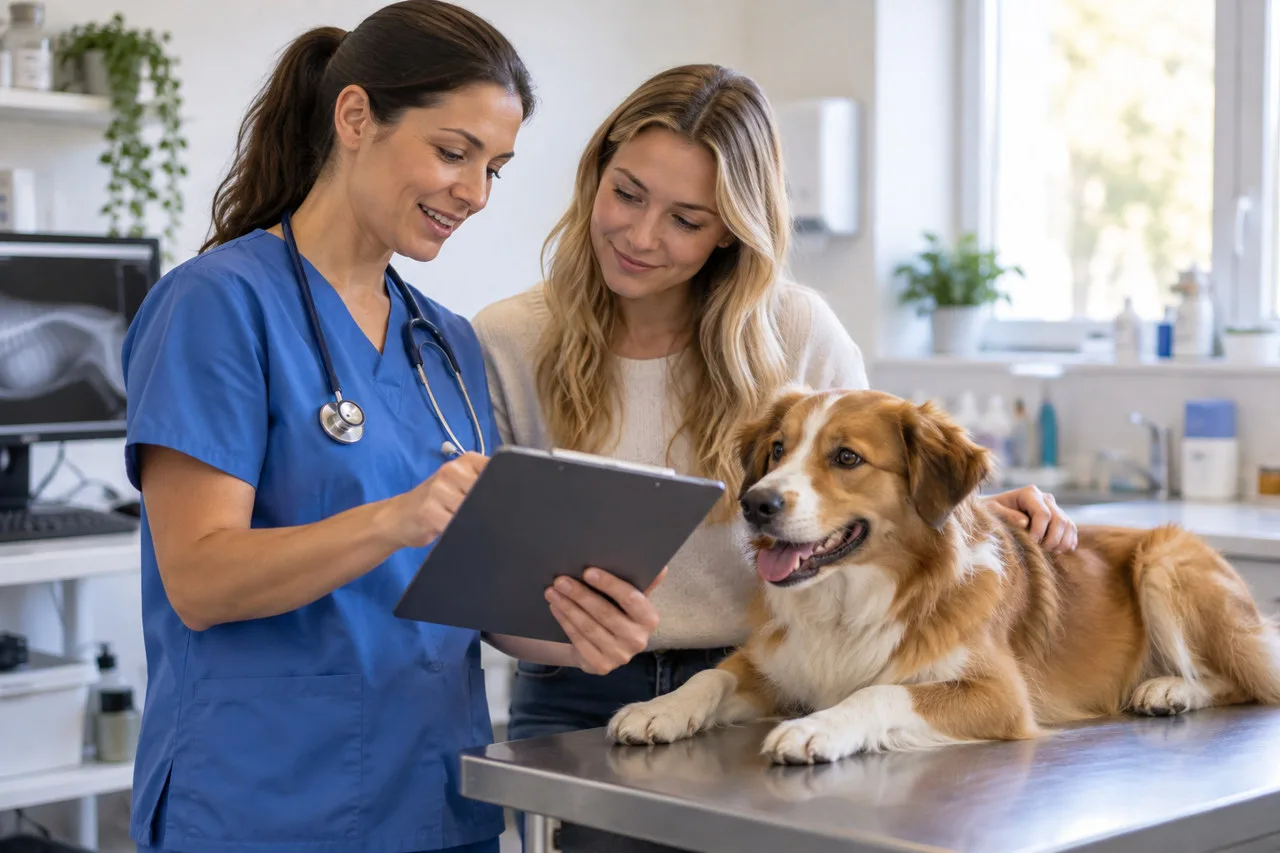Veterinary professional discussing notes with an owner and dog